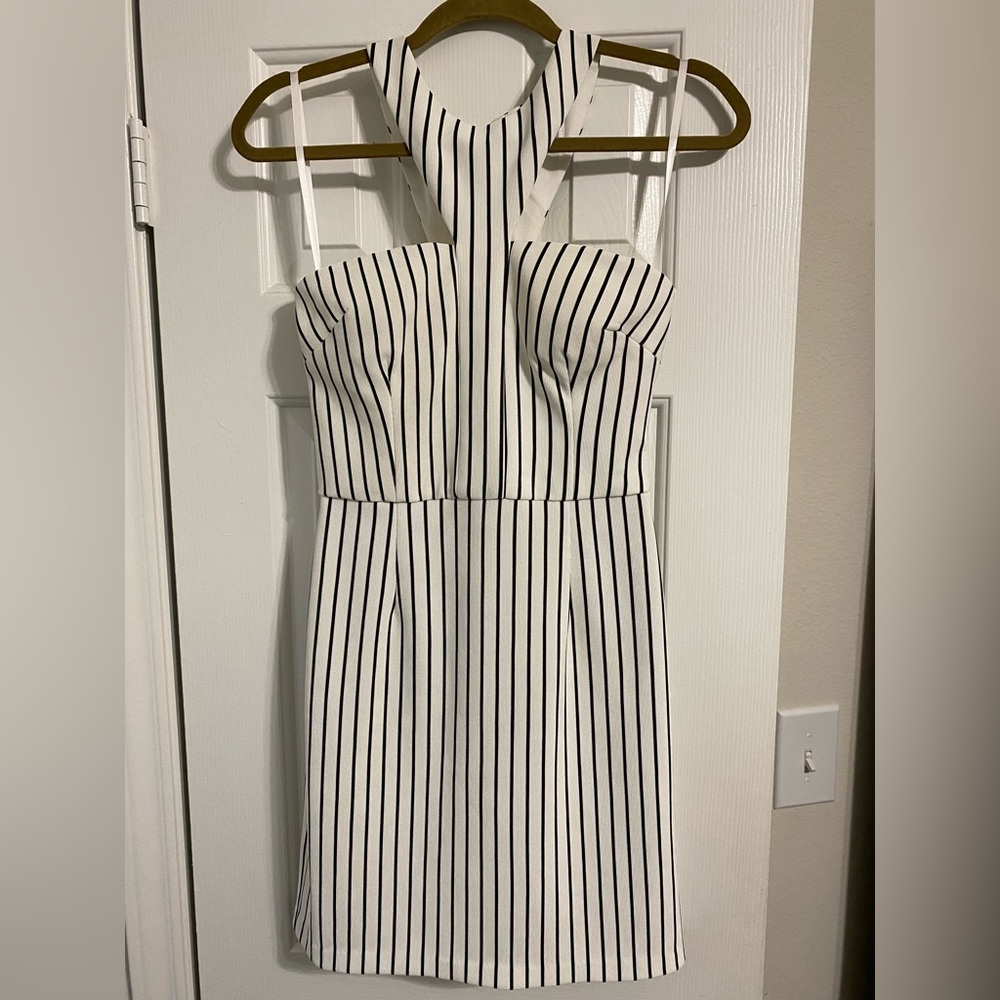White & Black Striped Halter Dress S